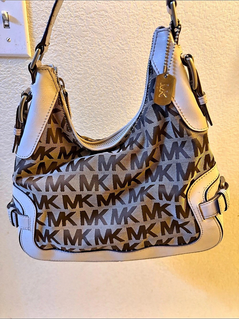 Michael Kors Monogram Shoulder Bag in Brown & White